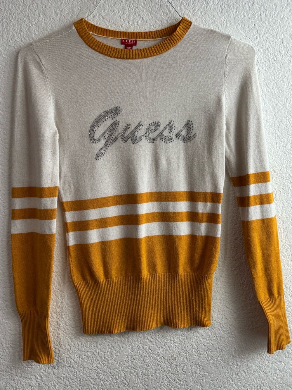Y2K Guess Rhinestone Logo Sweater Women’s XS Cream Mustard Varsity Knit Top